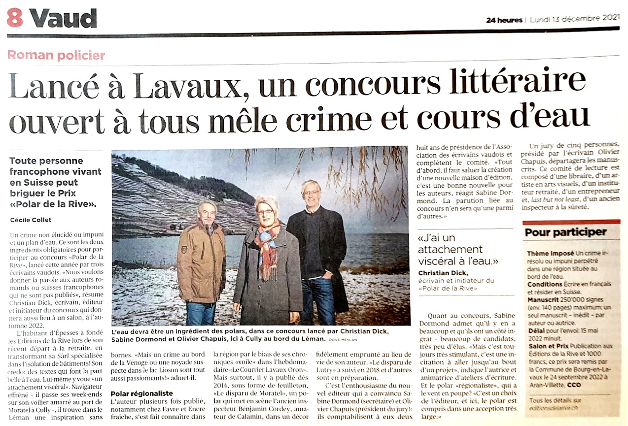 Lanc  Lavaux, un concours littraire ouvert  tous mle crime et cours d'eau - 24 Heures, le 13 dcembre 2021