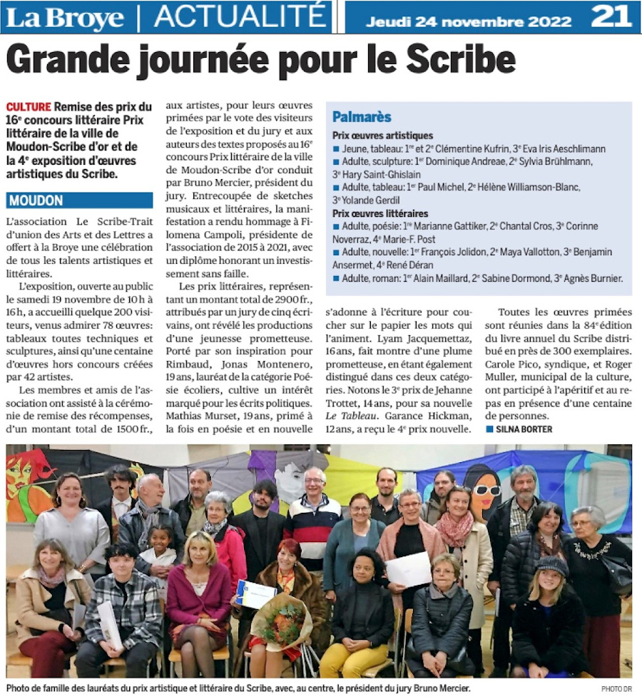 Concours littraire Moudon et Le Scribe d'or - Article paru le 24 novembre 2022 dans La Broye