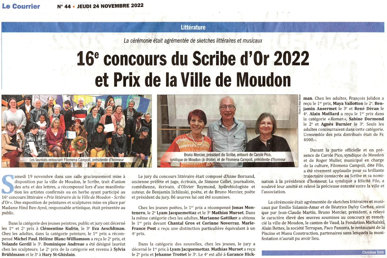 Concours littraire Moudon et Le Scribe d'or - Article paru le 24 novembre 2022 dans Le Courrier