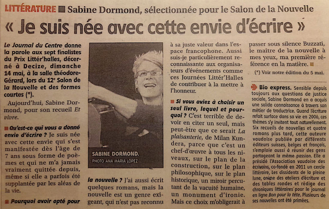 Sabine Dormond slectionne pour le Salon de la Nouvelle, Journal du Centre, mai 2023