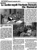 Le Scribe reoit l'crivain franais Chr. Marmorat - Journal de Moudon, 6 septembre 2013 (cliquer ICI)