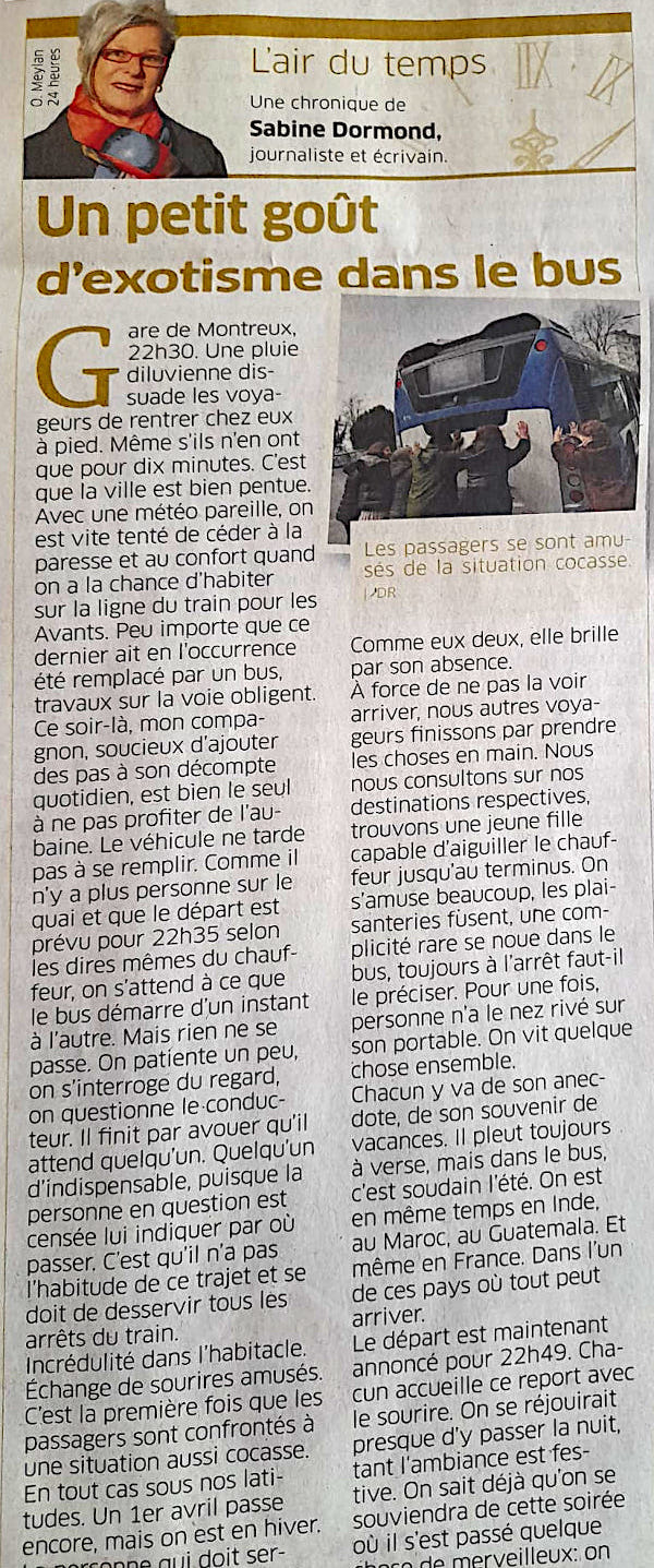 Un petit got d'exotisme dans le bus - Sabine Dormond - Article paru dans L'air du temps de Riviera-Chablais le 13 mars 2024