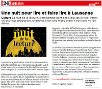 Une nuit pour lire et faire lire à Lausanne. 24 Heures, le 15 avril 2015 (cliquer ICI)