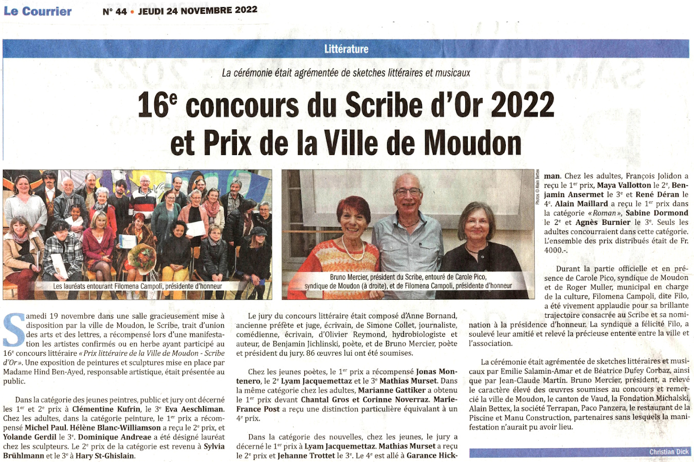 Concours littraire Moudon et Le Scribe d'or - Article paru le 24 novembre 2022 dans Le Courrier