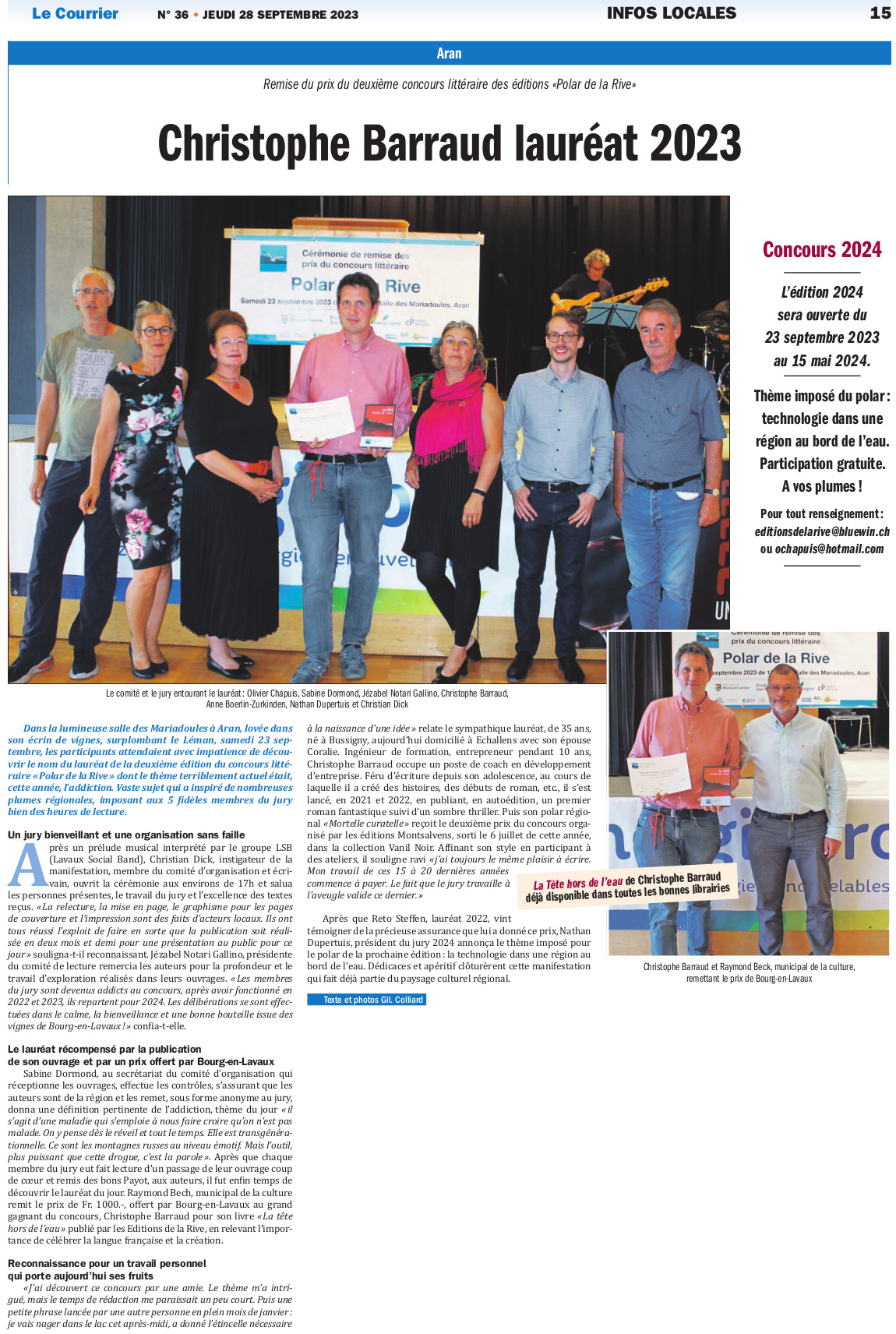 Remise du prix du deuxime concours littraire des ditions Polar de la Rive - Le Courrier, 28 septembre 2023