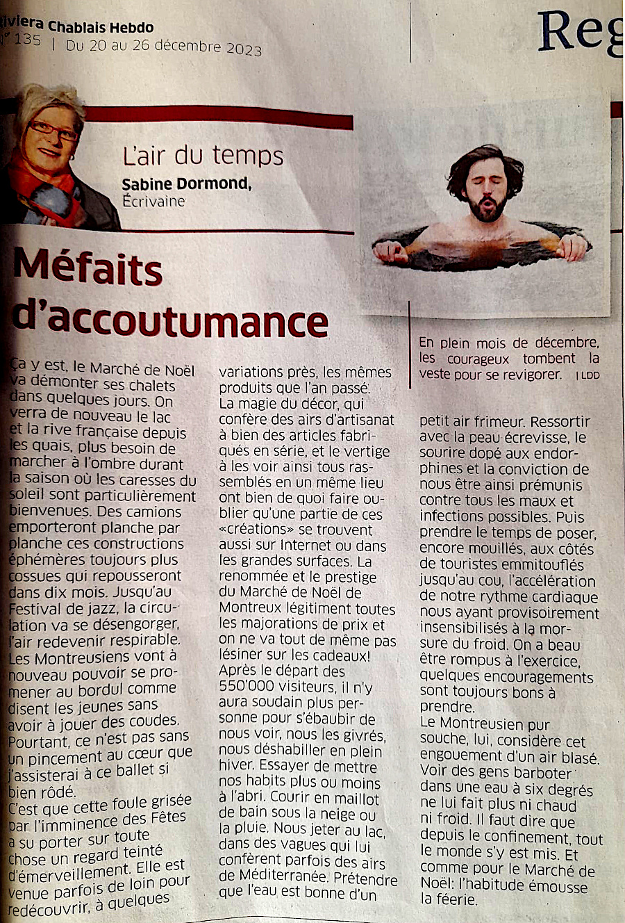 Mfaits d'accoutumance - Sabine Dormond - Article paru dans L'air du temps de Riviera-Chablais le 20 dcembre 2023